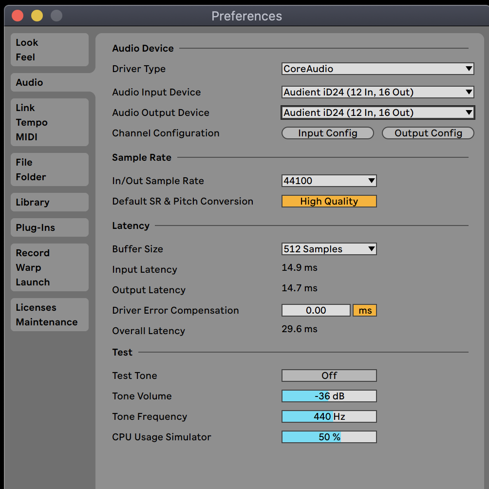 Ableton Live audio settings reference