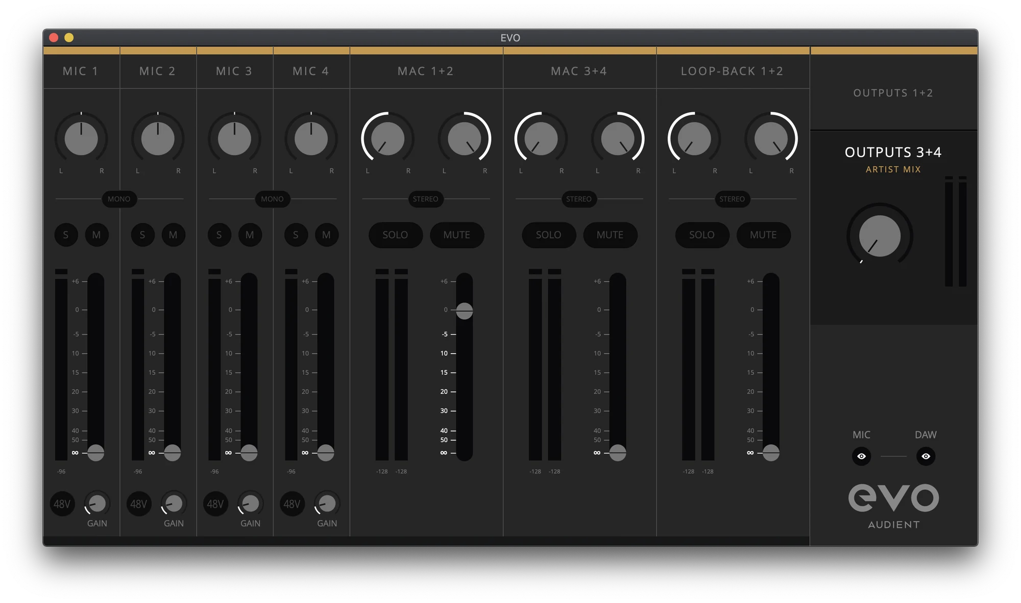 EVO Mixer showing the Artist Mix selected for Outputs 3+4 with microphone preamp controls visible
