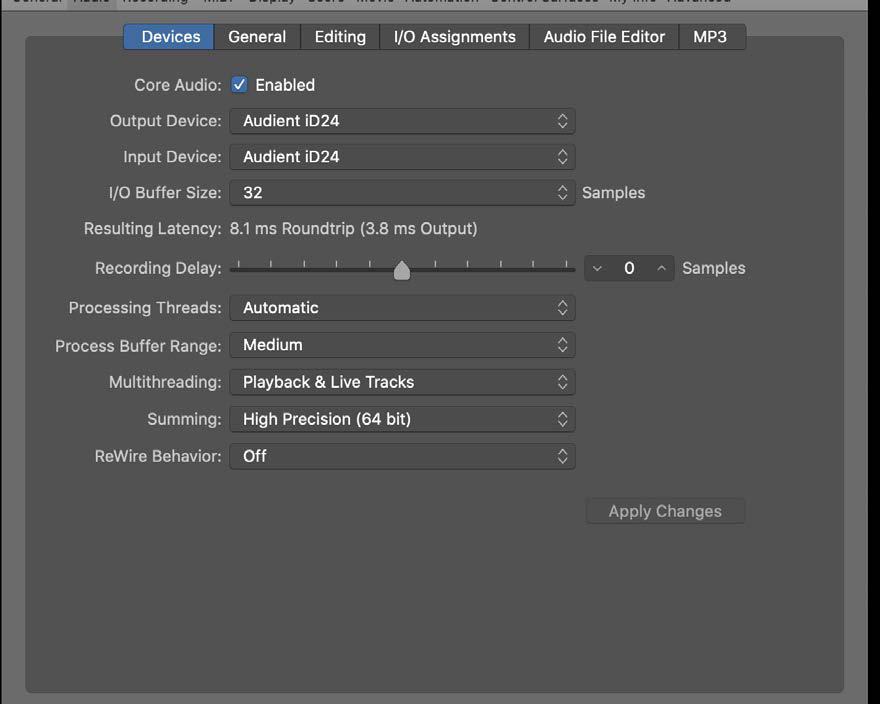 Logic audio settings reference