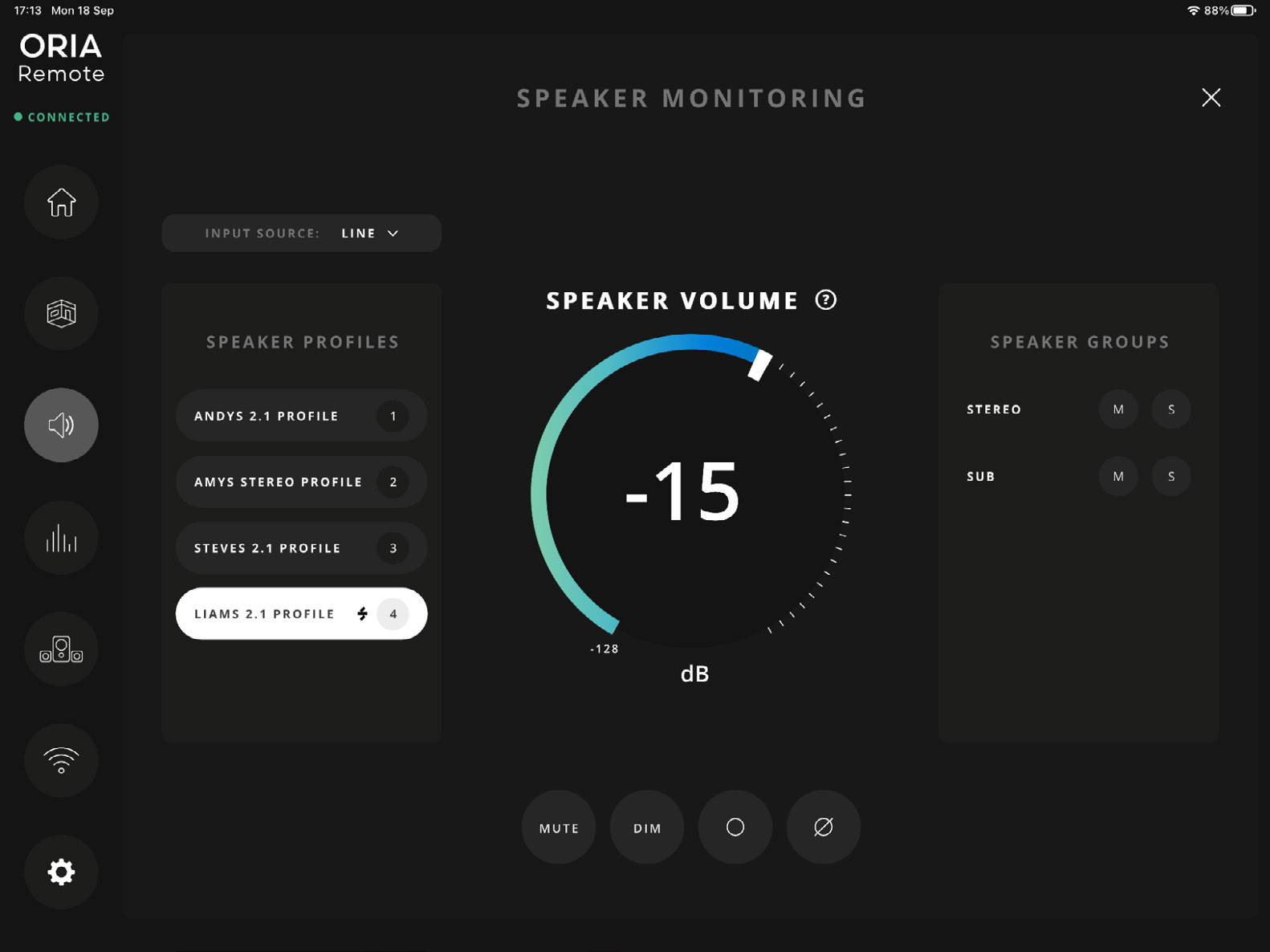 ORIA Remote Monitoring page with input, volume and global monitoring controls