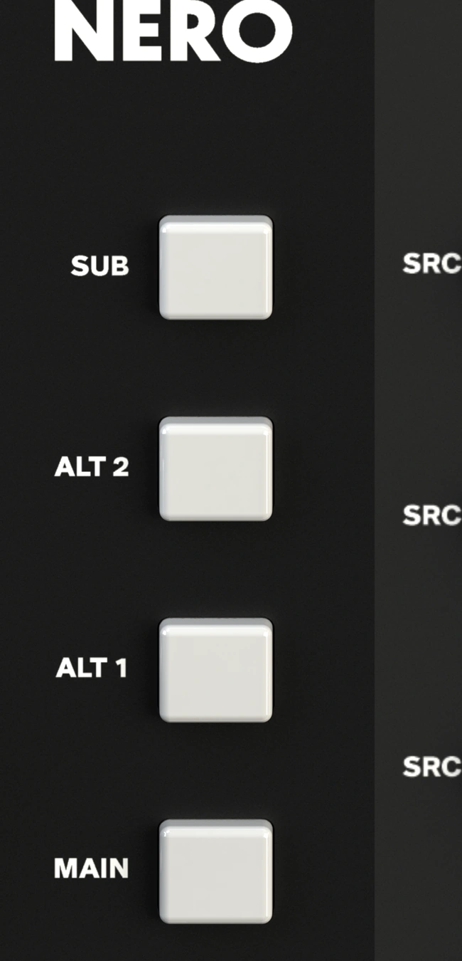 NERO Alt 1 and Alt 2 speaker-output buttons used for level matching