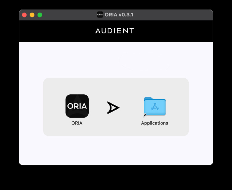 ORIA Control macOS installer showing the application being dragged into the Applications folder