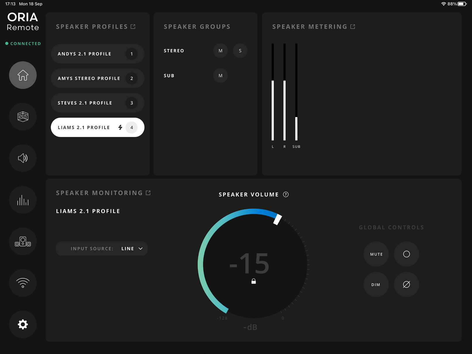 ORIA Remote Home page controlling an ORIA Mini stereo and subwoofer system