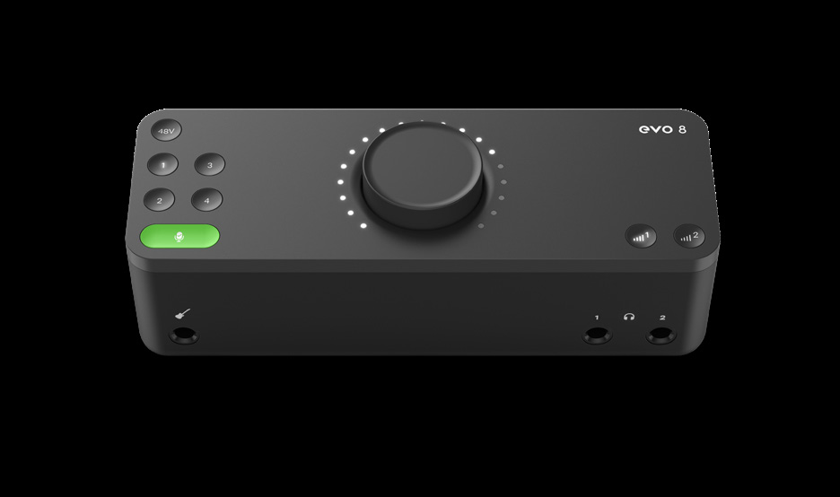 EVO 8 control surface showing Output Volume buttons 1 and 2 beside the Control Knob