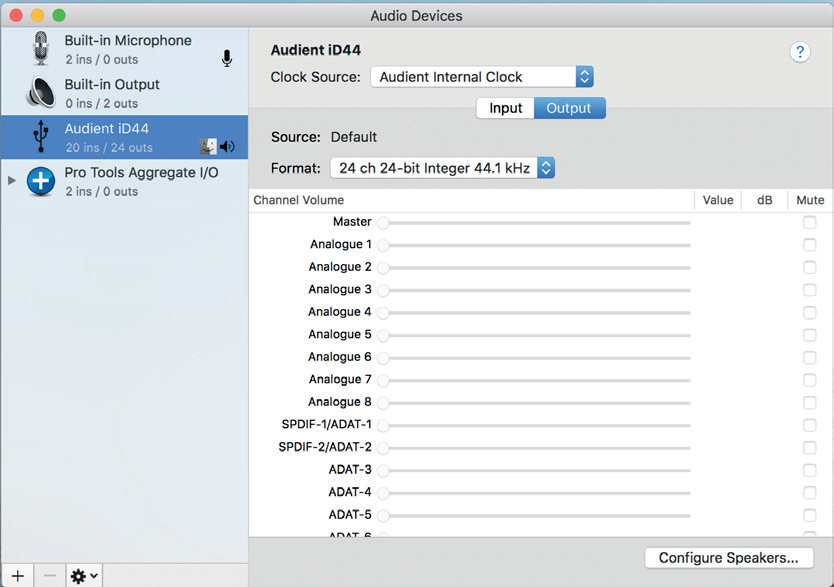 Audio MIDI Setup showing iD44 inputs and outputs