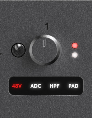 iD48 gain control and input-status indicators for 48 V, ADC path, HPF and Pad