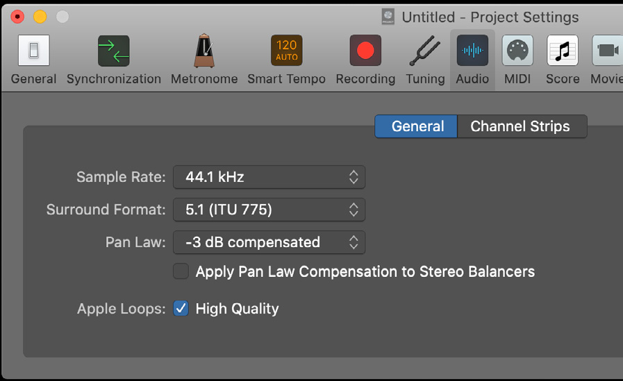 Logic Pro project audio settings example
