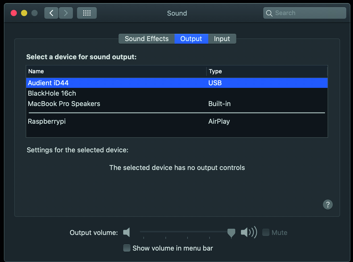 Legacy macOS audio output selection example for iD44