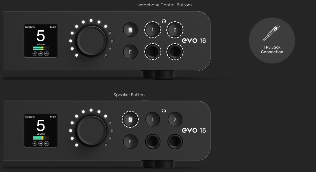 EVO 16 front panel showing the headphone outputs and speaker control