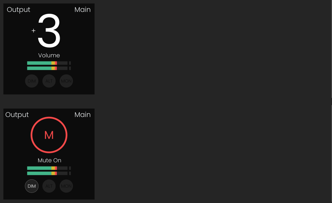 EVO 16 output status and output mute screens