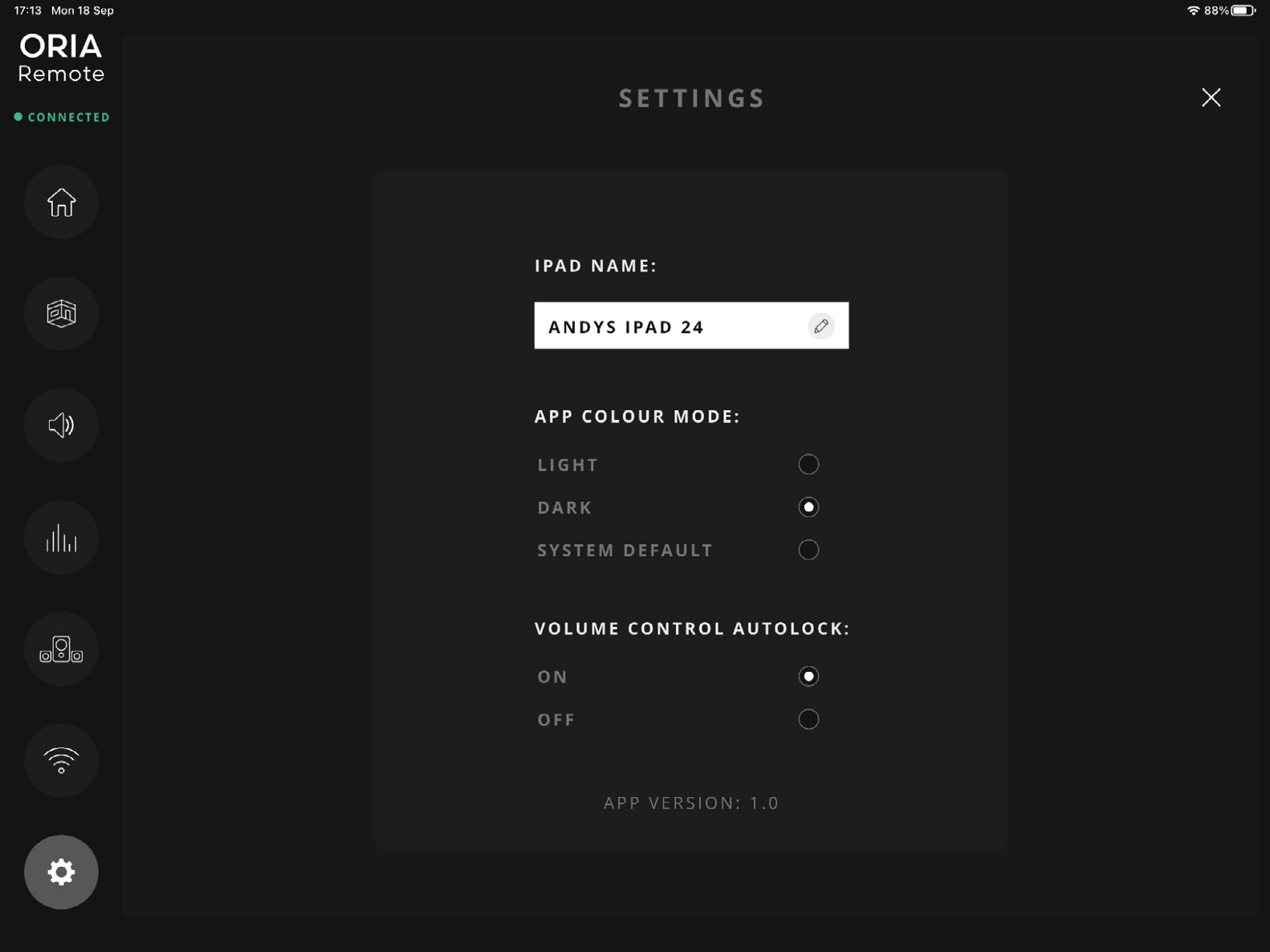 ORIA Remote Settings page with iPad name, colour mode and volume autolock settings
