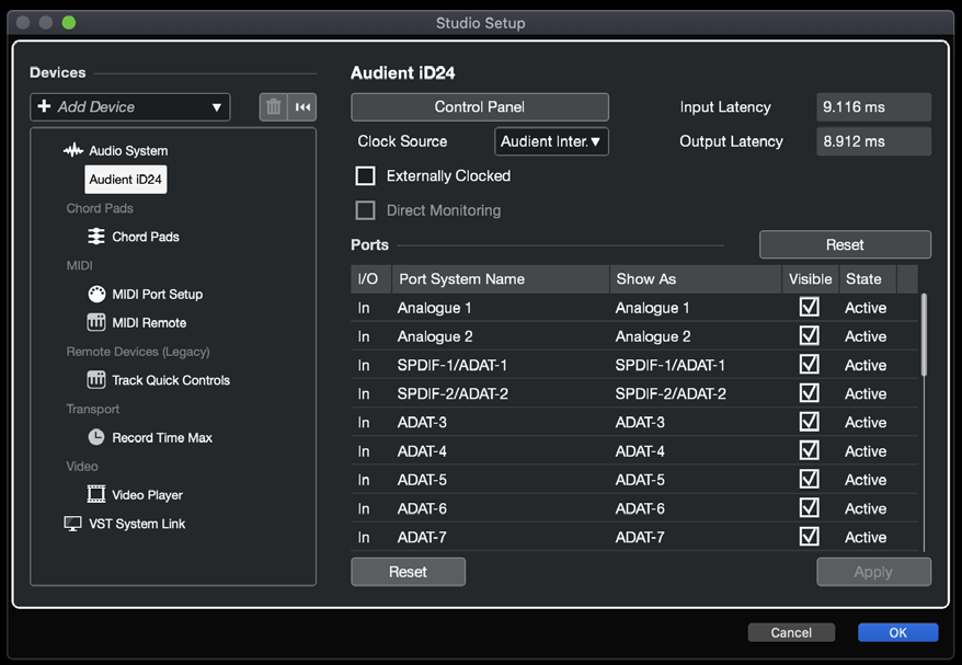 Referenz zur Audio System-Konfiguration in Cubase