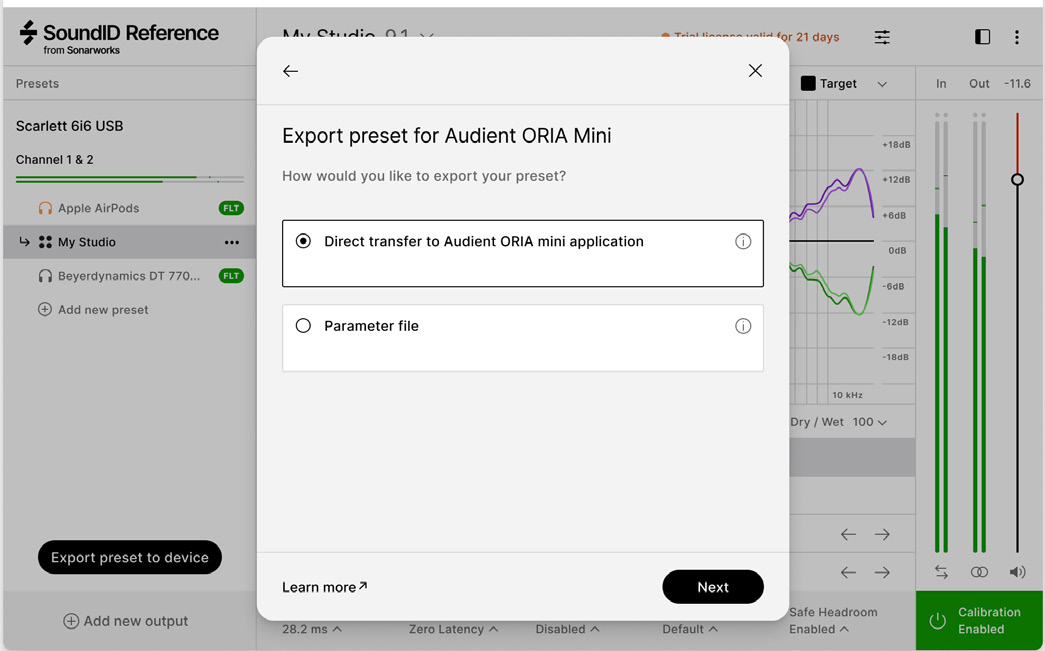 Exportfenster von SoundID Reference mit direkter Übertragung oder Export einer Parameterdatei