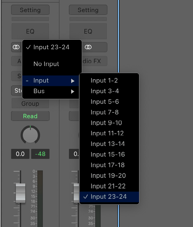 iD48 Eingänge 23 und 24 in Logic Pro auswählen