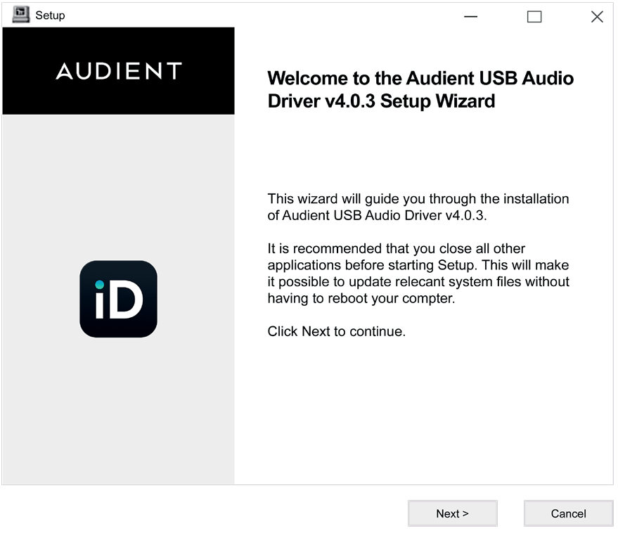 Einrichtungsassistent für den Audient-USB-Audiotreiber