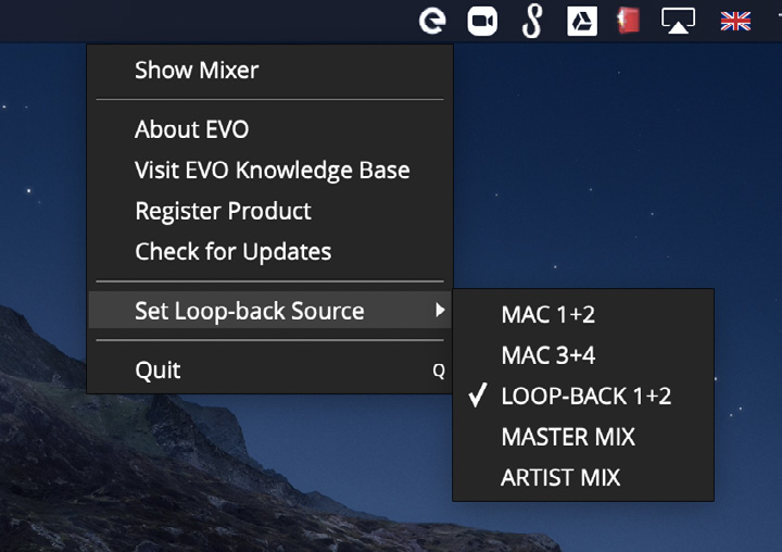 EVO Anwendungsmenü Set Loopback Source mit den verfügbaren EVO 8 Loopback-Quellen