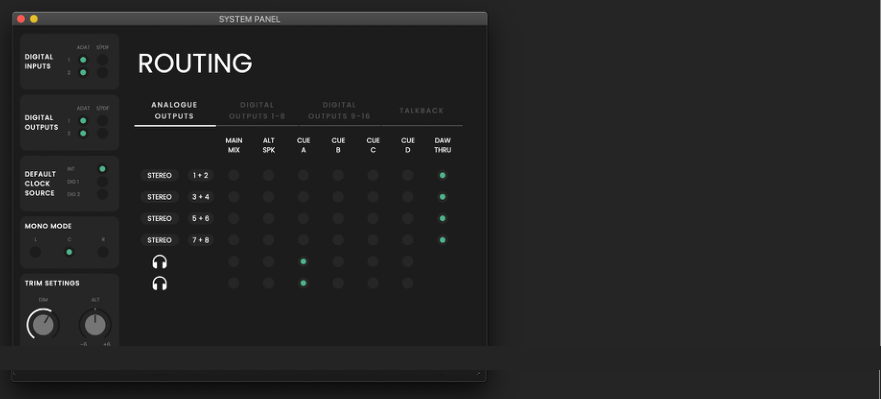 EVO 16 System Panel Routing-Bildschirm