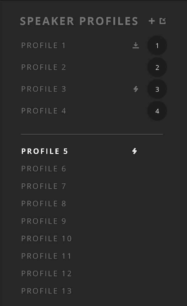 Profiles-Panel in ORIA Control mit vier Favourite Profiles und weiteren gespeicherten Profiles