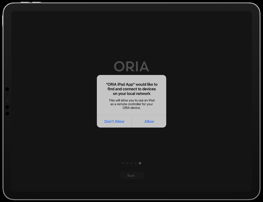 Solicitud de permiso de red local de iPad para ORIA Remote