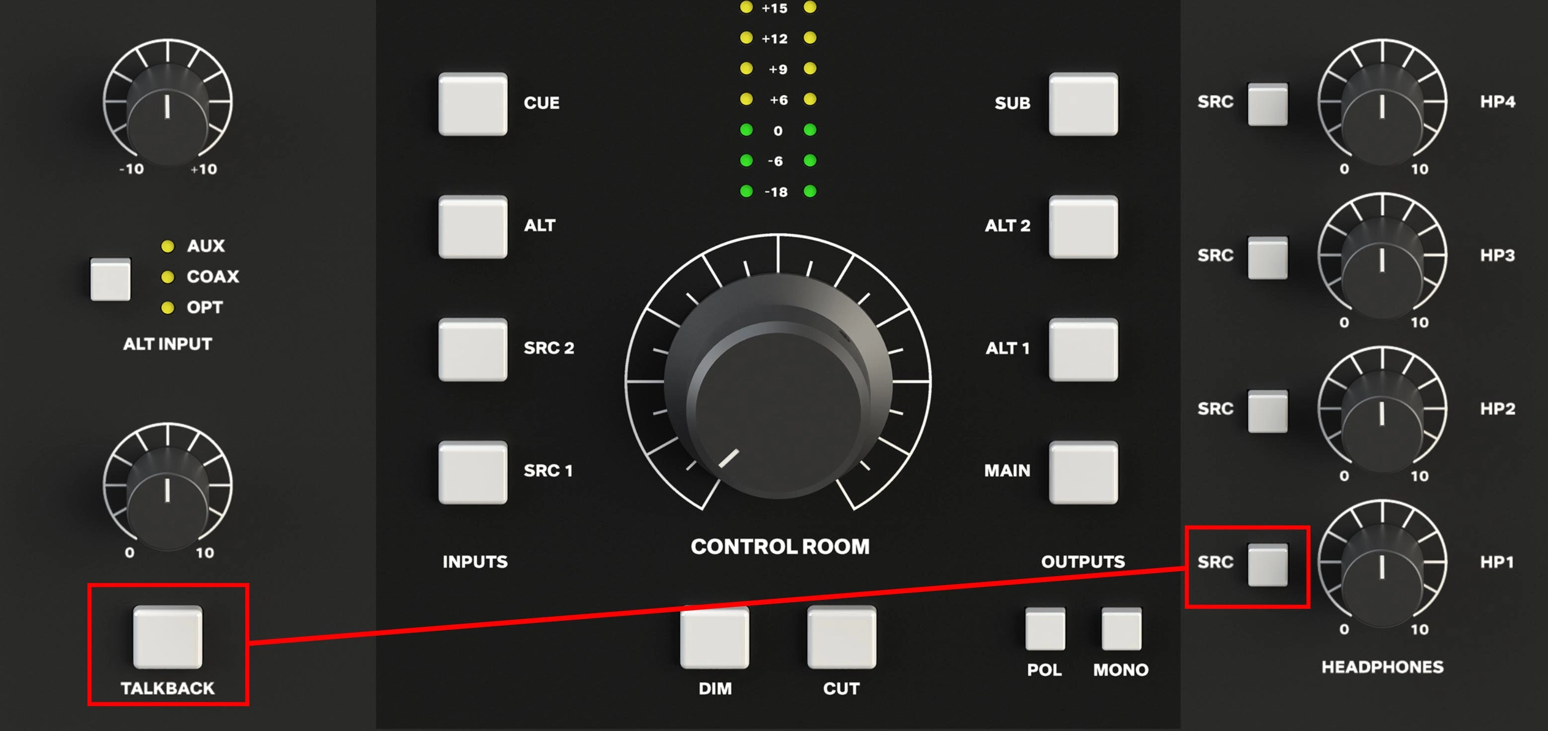 Controles de routing de Talkback y auriculares de NERO
