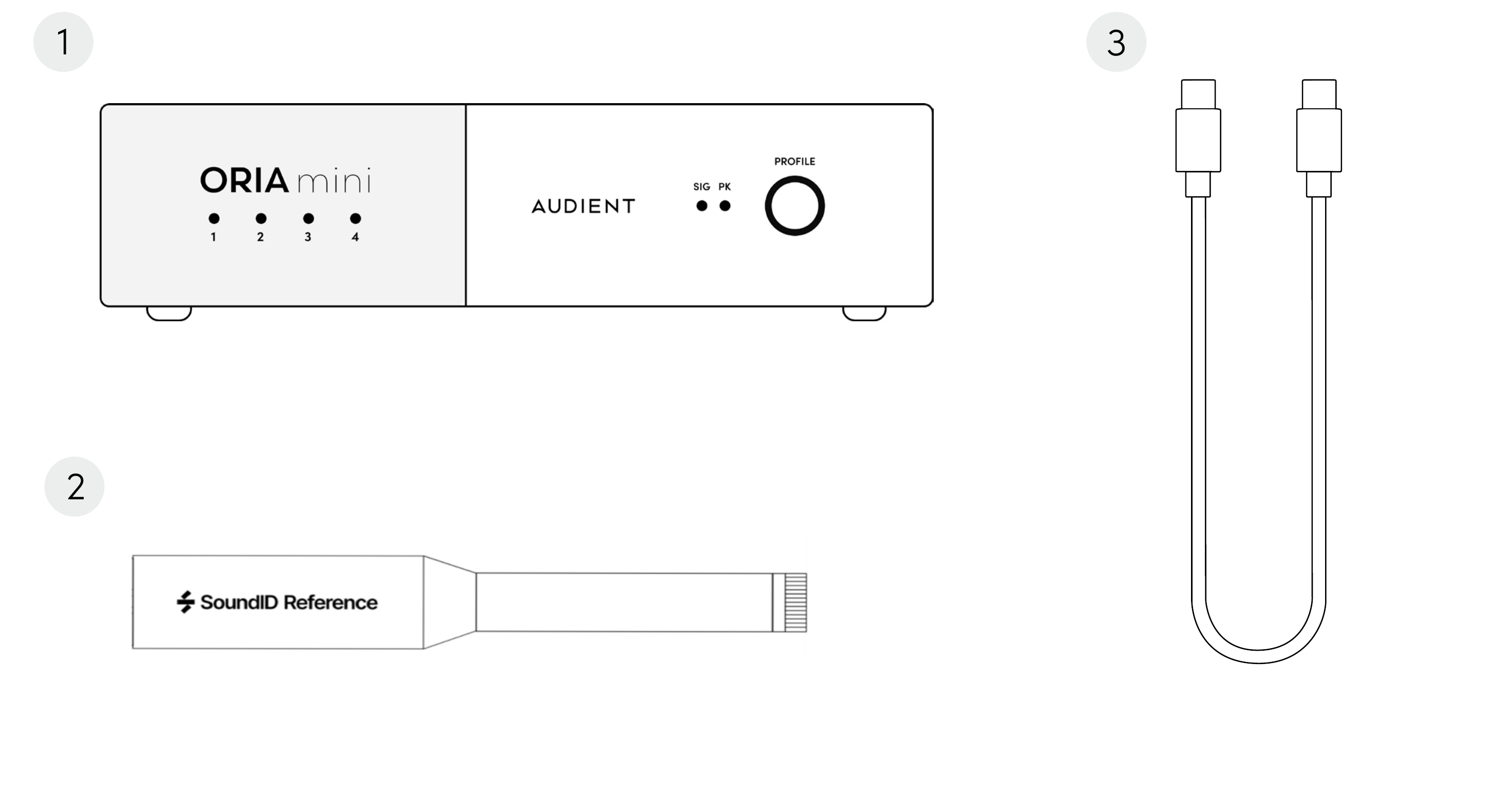 ORIA Mini, micrófono de medición Sonarworks y cable USB-C incluidos en la caja