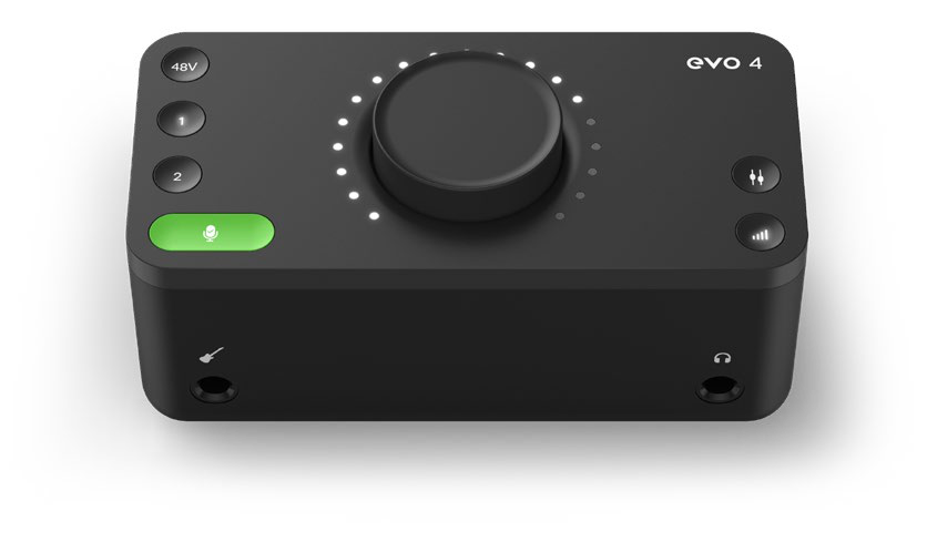 Superficie de control de EVO 4 mostrando 48 V, botones Input 1 y 2, Smartgain y Control Knob
