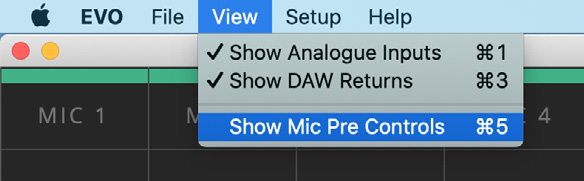 Menú View de EVO Mixer con Show Mic Pre Controls seleccionado