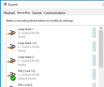 Panel de control Sound de Windows mostrando EVO 8 Loopback 1+2 como dispositivo de reproducción