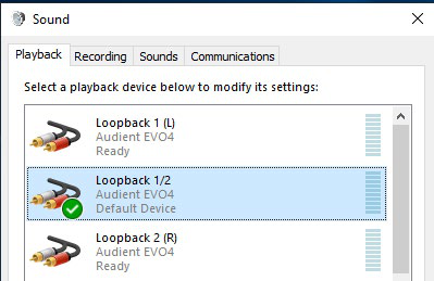 Panel de control Sound de Windows mostrando EVO 4 Loopback 1+2 como dispositivo de reproducción