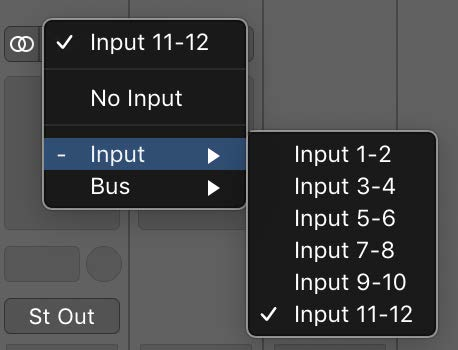 Menú de entrada de DAW con iD14 Input 11–12 seleccionado para grabación de loopback