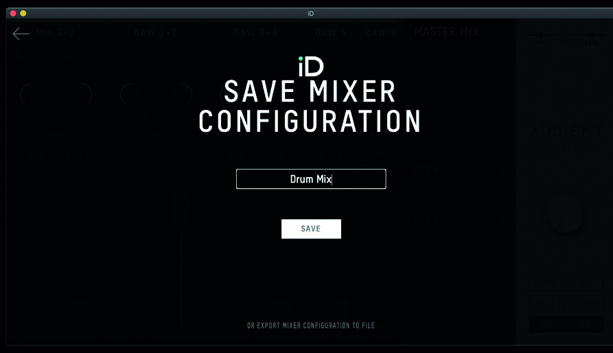 Ventana Save Mixer Configuration en la aplicación iD