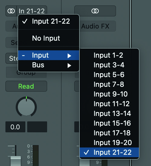 Selector de entrada de una aplicación de grabación mostrando Input 21–22