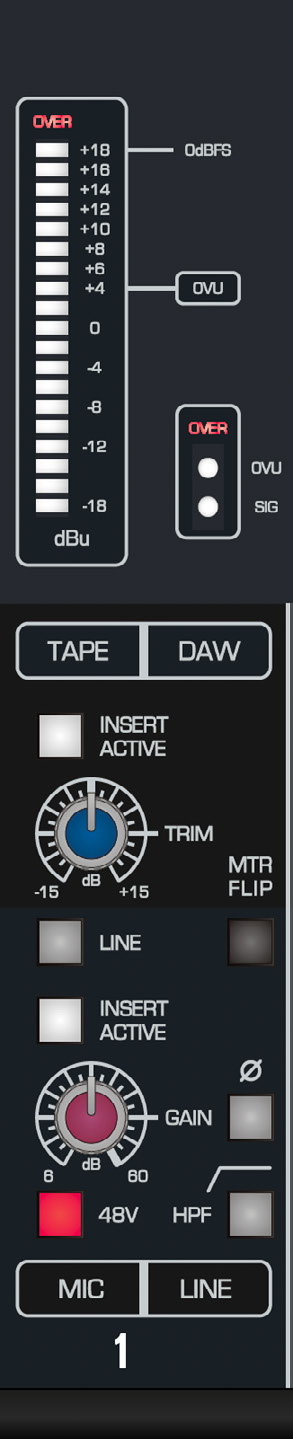 Controles de entrada Mic Line y DAW Tape de ASP8024-HE