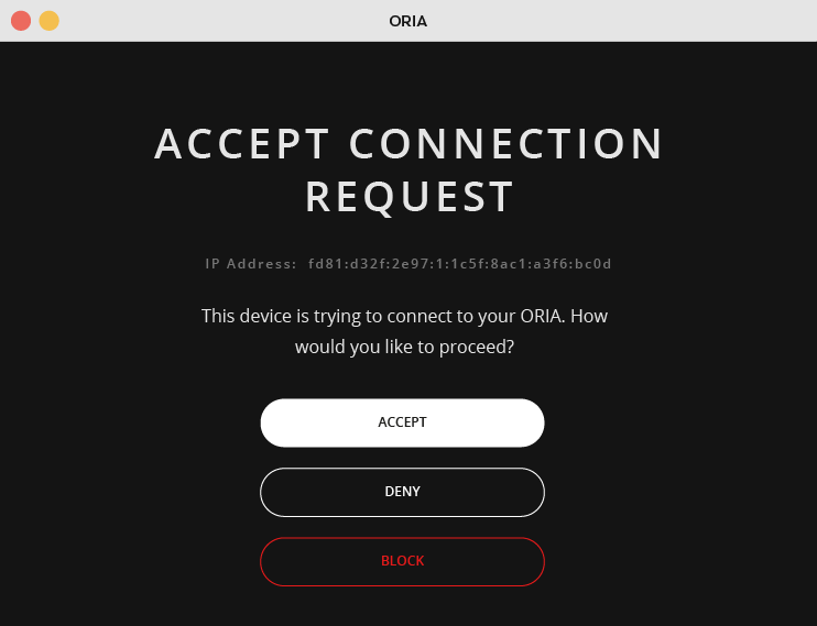 Solicitud de conexión de dispositivo remoto en ORIA Control con las opciones Accept, Deny y Block