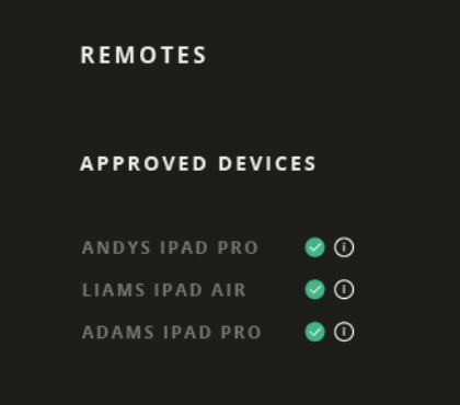 Liste Approved Devices d’ORIA Control affichant les appareils distants connectés
