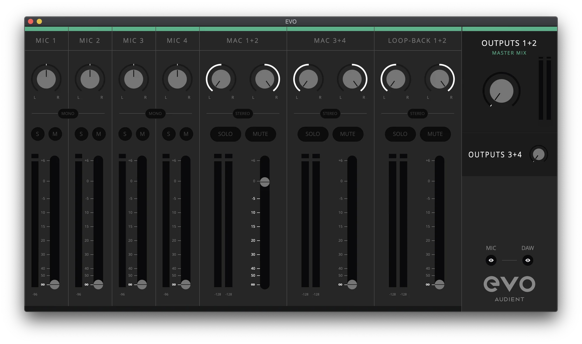 EVO Mixer affichant les canaux microphone, lecture ordinateur et loopback avec le mix principal Outputs 1+2 sélectionné