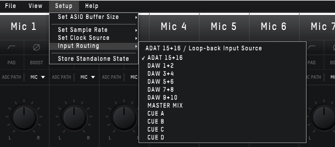 Menu Input Routing de l’iD48 sous Windows