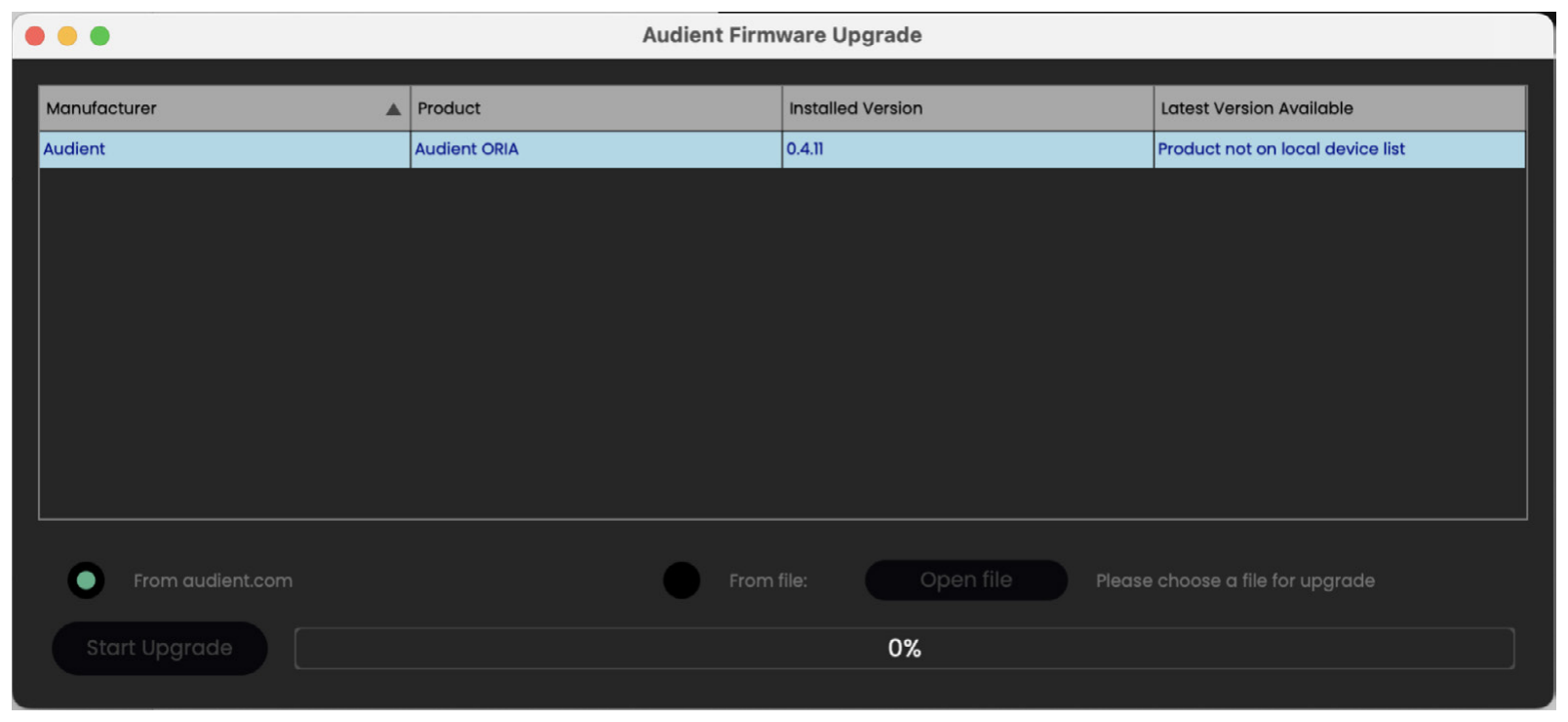 Sélection d’ORIA et démarrage de la mise à jour du firmware