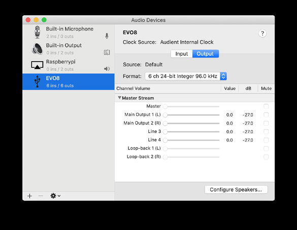 Audio MIDI Setup avec EVO 8 sélectionné