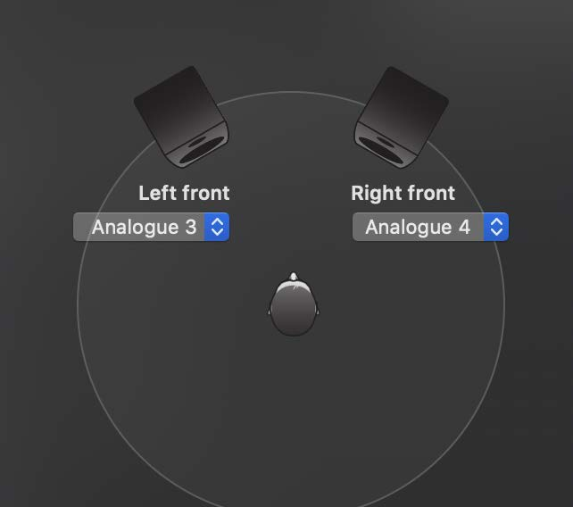 Configuration des haut-parleurs macOS avec iD14 Analogue 3 et Analogue 4 assignés aux canaux avant gauche et droit
