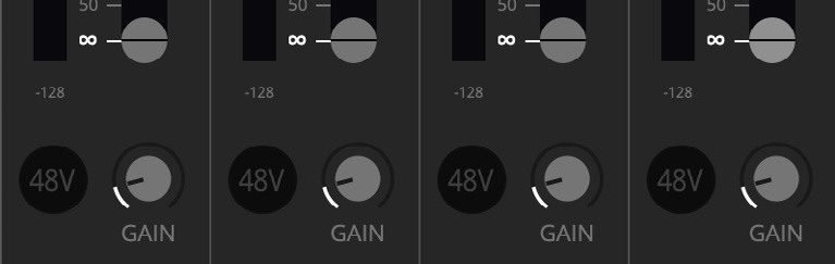 EVO Mixer माइक्रोफ़ोन preamp गेन और फैंटम पावर कंट्रोल्स