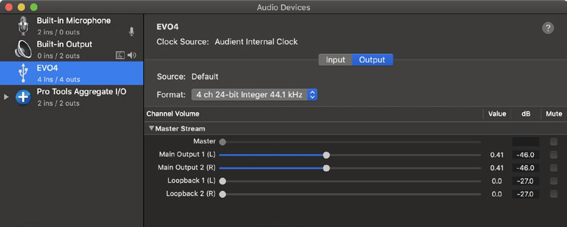 Audio MIDI Setup जिसमें EVO 4 सिलेक्टेड है और कॉन्फ़िगर स्पीकर्स उपलब्ध है