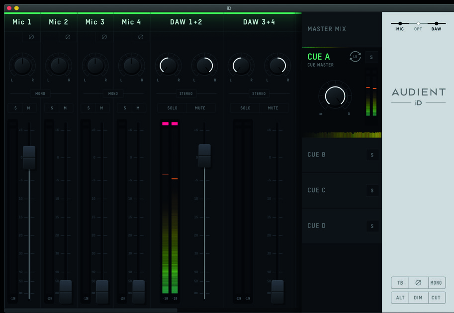 Loopback के लिए माइक्रोफ़ोन और DAW ऑडियो combine करता iD Software Mixer उदाहरण