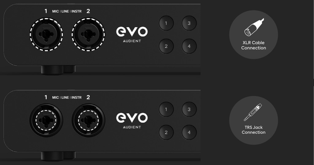 EVO 16 front एनालॉग combo इनपुट्स जिनमें XLR और quarter-inch TRS connections दिख रहे हैं