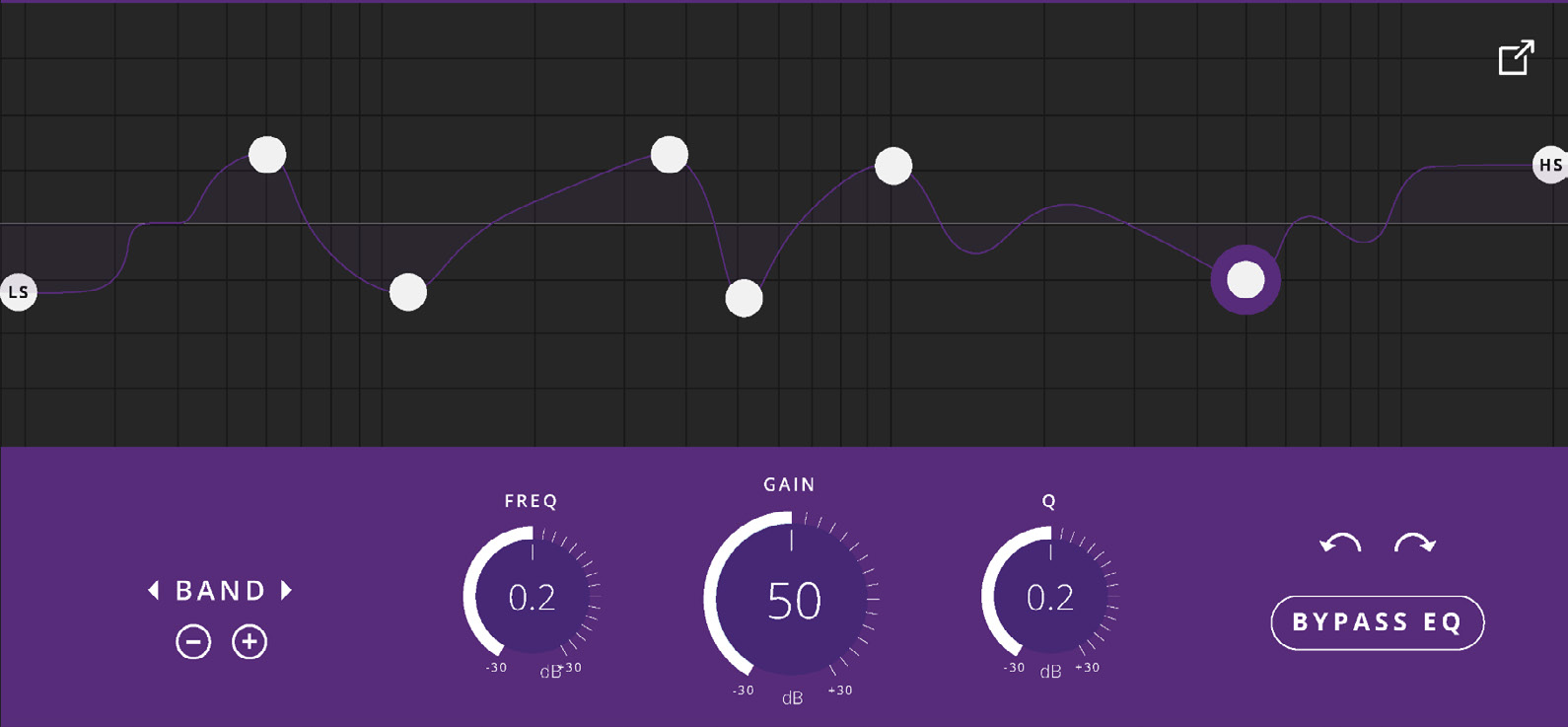 ORIA Control स्पीकर EQ graph और EQ band कंट्रोल्स