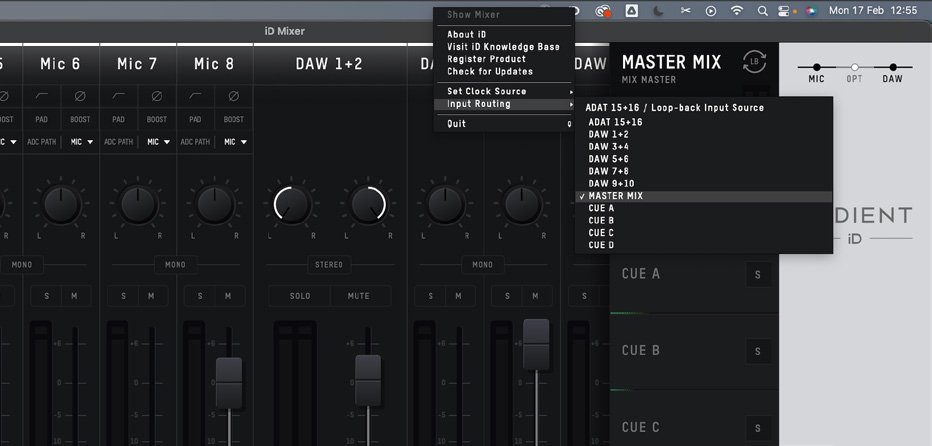 Menu Input Routing di iD48 su macOS
