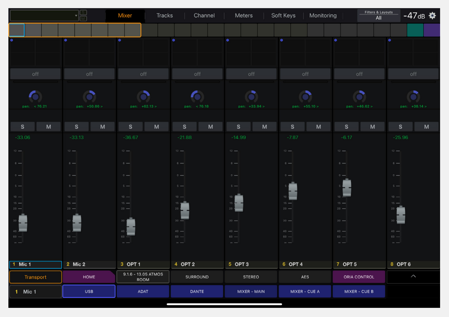 Software mixer ORIA su una superficie EUCON
