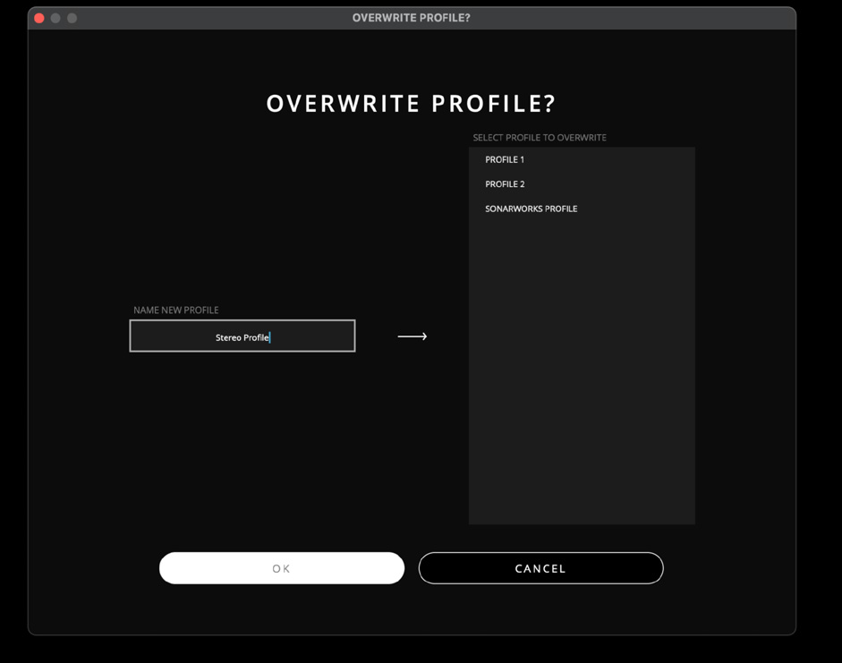 Finestra ORIA Control per scegliere il Profile da sovrascrivere durante un'importazione SoundID Reference