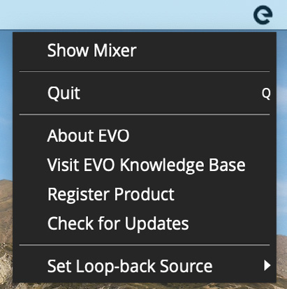 Menu dell'applicazione EVO con opzioni mixer, aggiornamento e loopback