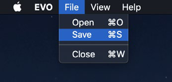 Menu File di EVO con Save selezionato